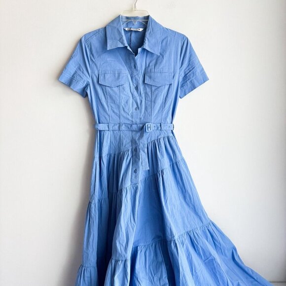 ZARA Belted Shirt Dress Light Blue Collared Maxi Asymmetric Seamwork Tiered XS - Picture 3 of 5